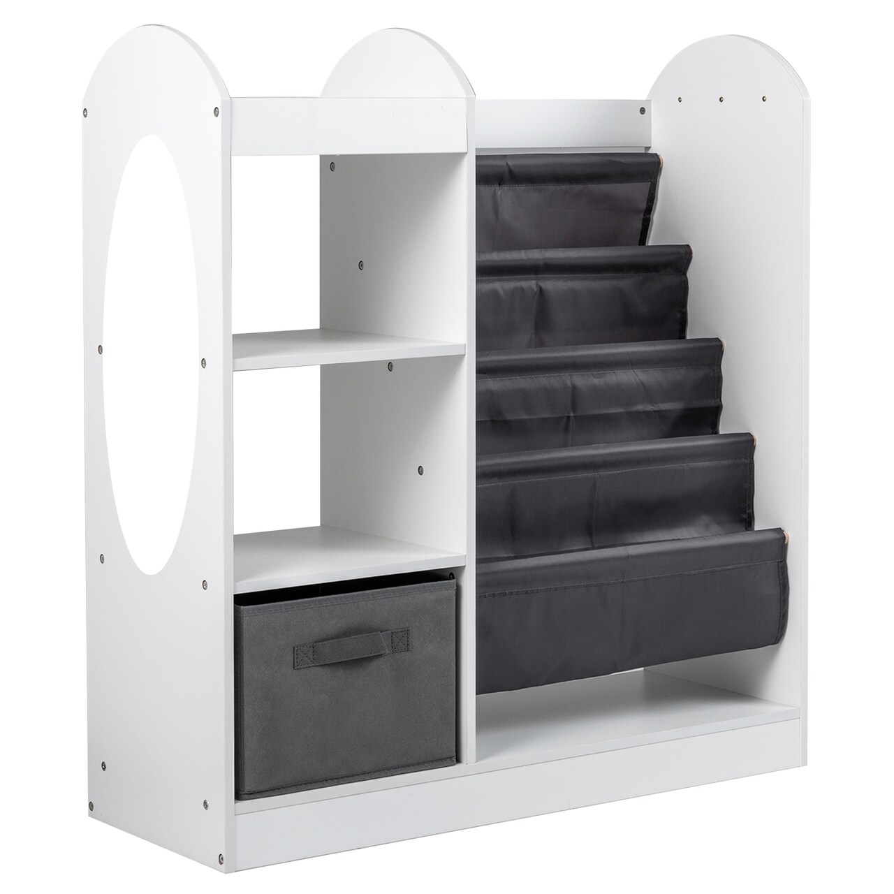 4-Tier Toy Organizer with Sling Shelves, Hooks, and Foldable Fabric Drawer